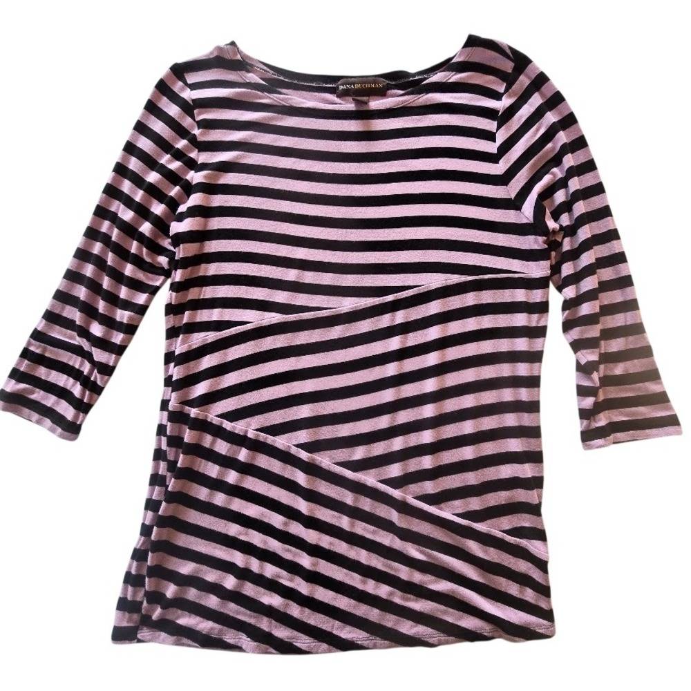 Dana Buchman Striped Top Women M Pink Black Asymmetrical 3/4 Sleeve Parisian‎